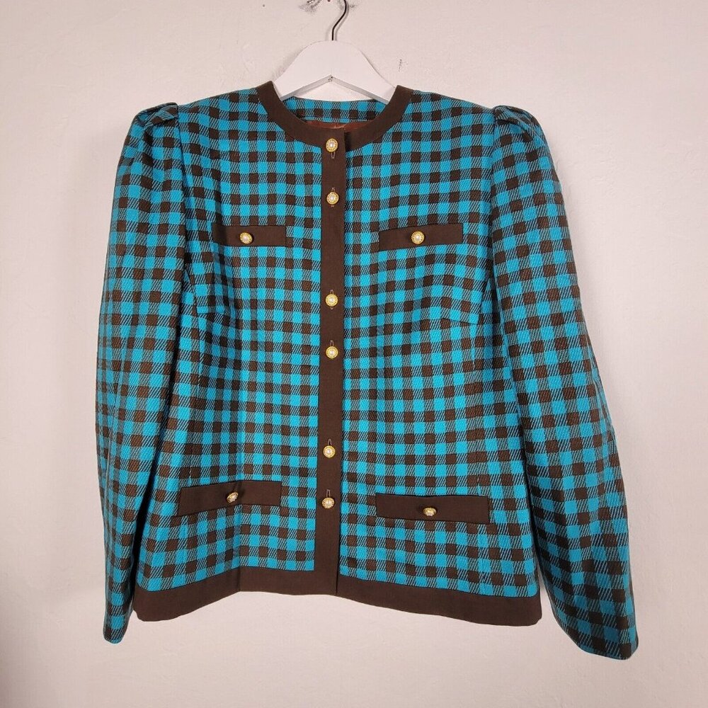 Vintage Kuhn Womens Plaid Jacket 42 Turquoise Brown Button-Up Blazer Gold Button